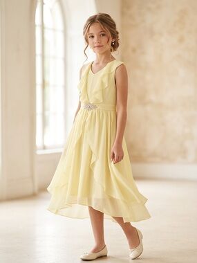 Blush by Us Angels Pale Yellow Ruffle Chiffon Dress with Jeweled Waist